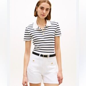 Celio Creme & Navy Blue Stripped Knit Short Sleeve Polo Size Small